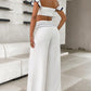 Scallop Trim Off Shoulder Top & Striped Wide Leg Pants Set