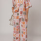 Orange Plant Checkered Print Collared Shirt and Wide Leg Pants Set