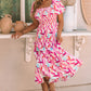 Pink Brush Stroke Printed Smocked Ruffle Tiered Dress