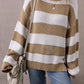 Light French Beige Colorblock Striped Drop Shoulder Side Slit Sweater