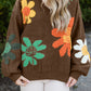Coffee Big Flower Pattern V Neck Drop Shoulder Sweater