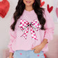 Pink Checkerboard Bow Graphic Round Neck Valentines Sweatshirt