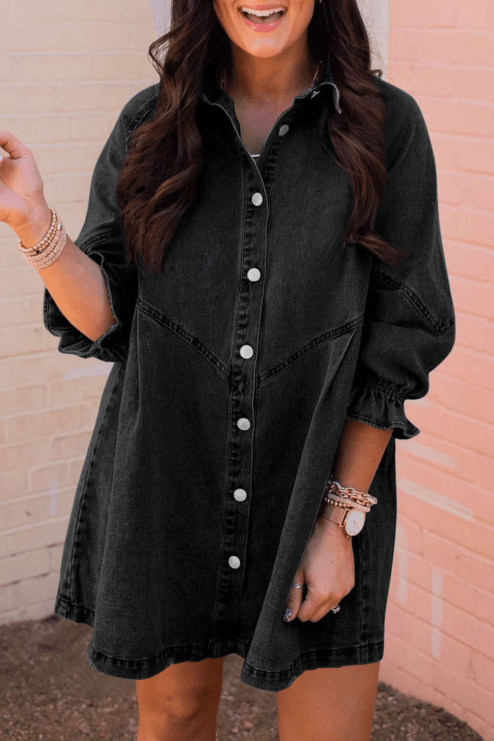 Black Buttoned Long Sleeve Denim Mini Dress