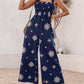Embroidery Patchwork Thick Strap Square Neck Shirred Jumpsuit Wide Leg Vacation Overalls with Pockets