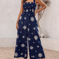 Embroidery Patchwork Thick Strap Square Neck Shirred Jumpsuit Wide Leg Vacation Overalls with Pockets