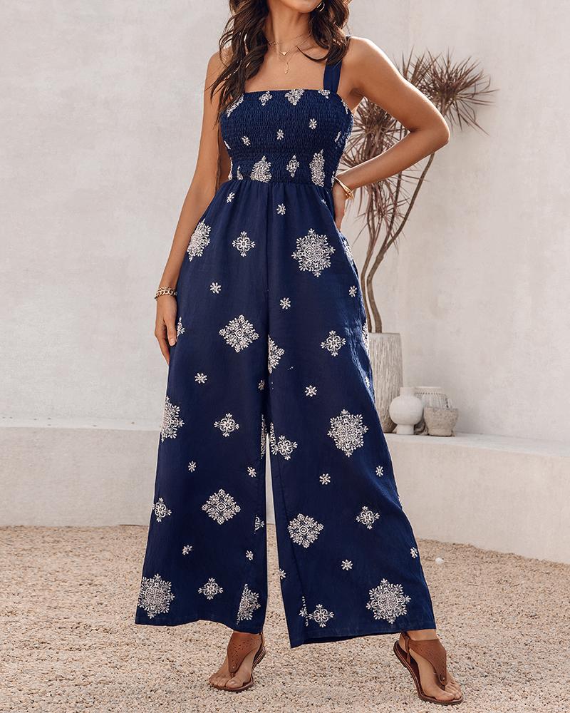 Embroidery Patchwork Thick Strap Square Neck Shirred Jumpsuit Wide Leg Vacation Overalls with Pockets