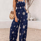 Embroidery Patchwork Thick Strap Square Neck Shirred Jumpsuit Wide Leg Vacation Overalls with Pockets