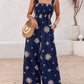 Embroidery Patchwork Thick Strap Square Neck Shirred Jumpsuit Wide Leg Vacation Overalls with Pockets