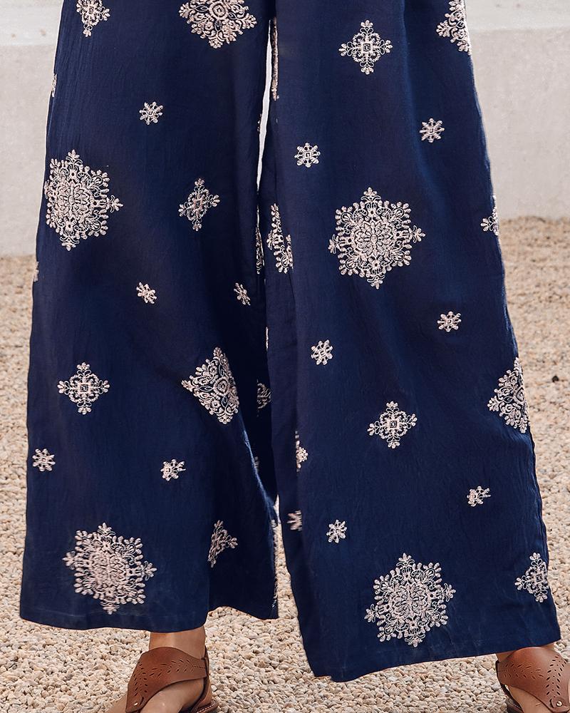 Embroidery Patchwork Thick Strap Square Neck Shirred Jumpsuit Wide Leg Vacation Overalls with Pockets