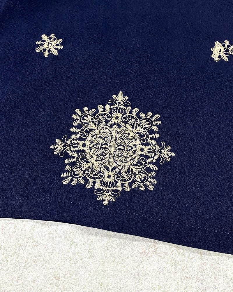 Embroidery Patchwork Thick Strap Square Neck Shirred Jumpsuit Wide Leg Vacation Overalls with Pockets