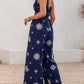 Embroidery Patchwork Thick Strap Square Neck Shirred Jumpsuit Wide Leg Vacation Overalls with Pockets