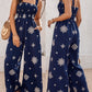 Embroidery Patchwork Thick Strap Square Neck Shirred Jumpsuit Wide Leg Vacation Overalls with Pockets