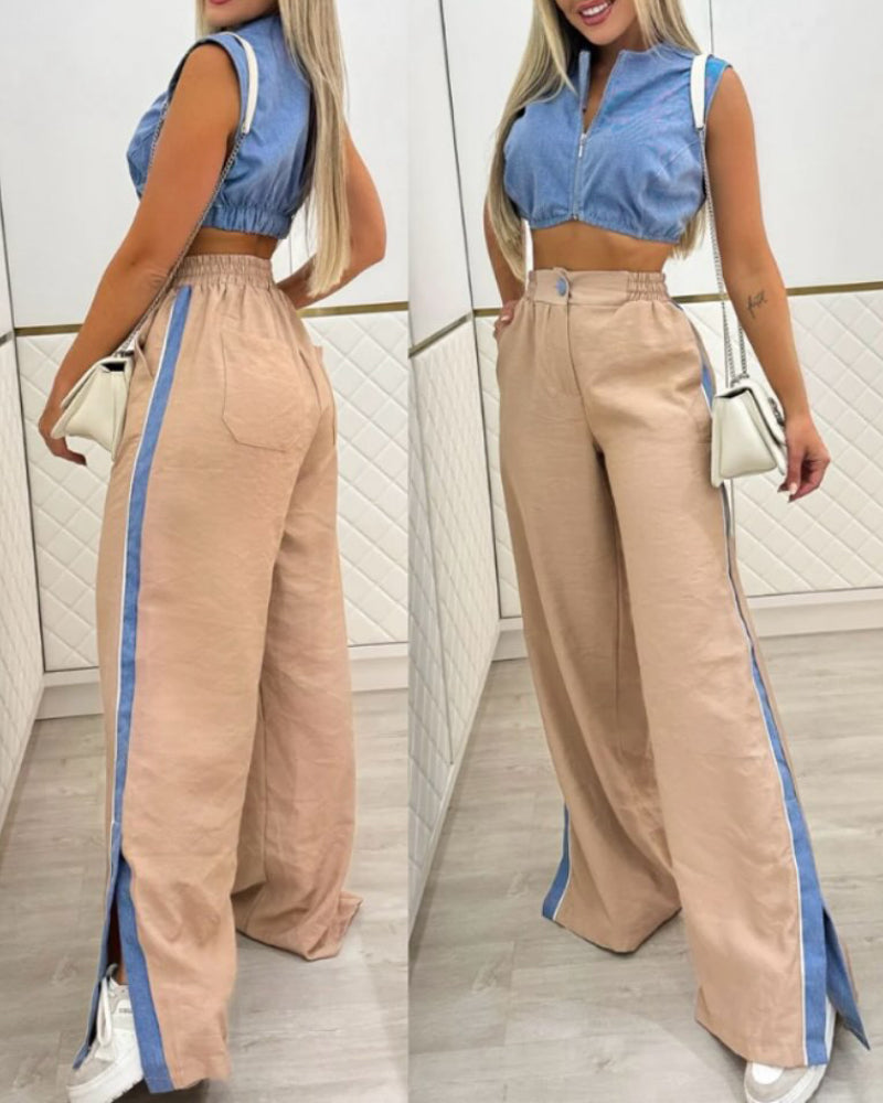 2 Pieces Outfit Zipper Front Sleeveless Denim Crop Top and Casual Side Striped Print Slit Pants Set