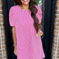 Bright Pink Corded Knit Crew Neck Puff Sleeve Shift Mini Dress