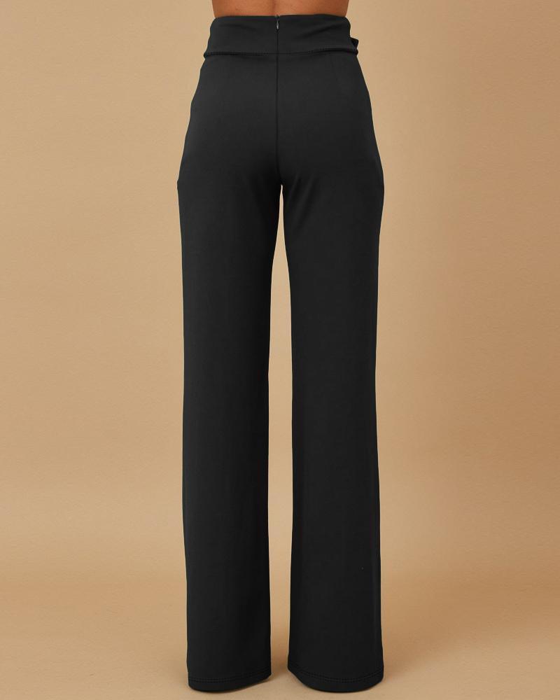 Metal Button Decor High Waist Casual Straight Leg Work Pants