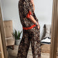 Brown Animal Print Color Contrast Edge Loose Fit Pants Set