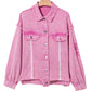 Pink Lace Patchwork Distressed Buttoned Denim Jacket
