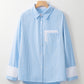 Sky Blue Stripe Contrast Patch Pocket Cuffed Sleeve Casual Shirt