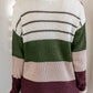 Green Color Block Striped Buttoned Shoulder Split Sweater