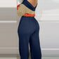 Colorblock Off Shoulder Long Sleeve Jumpsuit V Back Stretchy Waist Pocket Design Romper