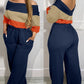 Colorblock Off Shoulder Long Sleeve Jumpsuit V Back Stretchy Waist Pocket Design Romper