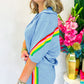 Sky Blue Rainbow Colorblock Collared Short Sleeve Top 2 Piece Shorts Set