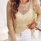 Round Neck Long Sleeve Glitter Crochet Casual Sequin Hollow out Cowl Top