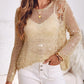 Round Neck Long Sleeve Glitter Crochet Casual Sequin Hollow out Cowl Top