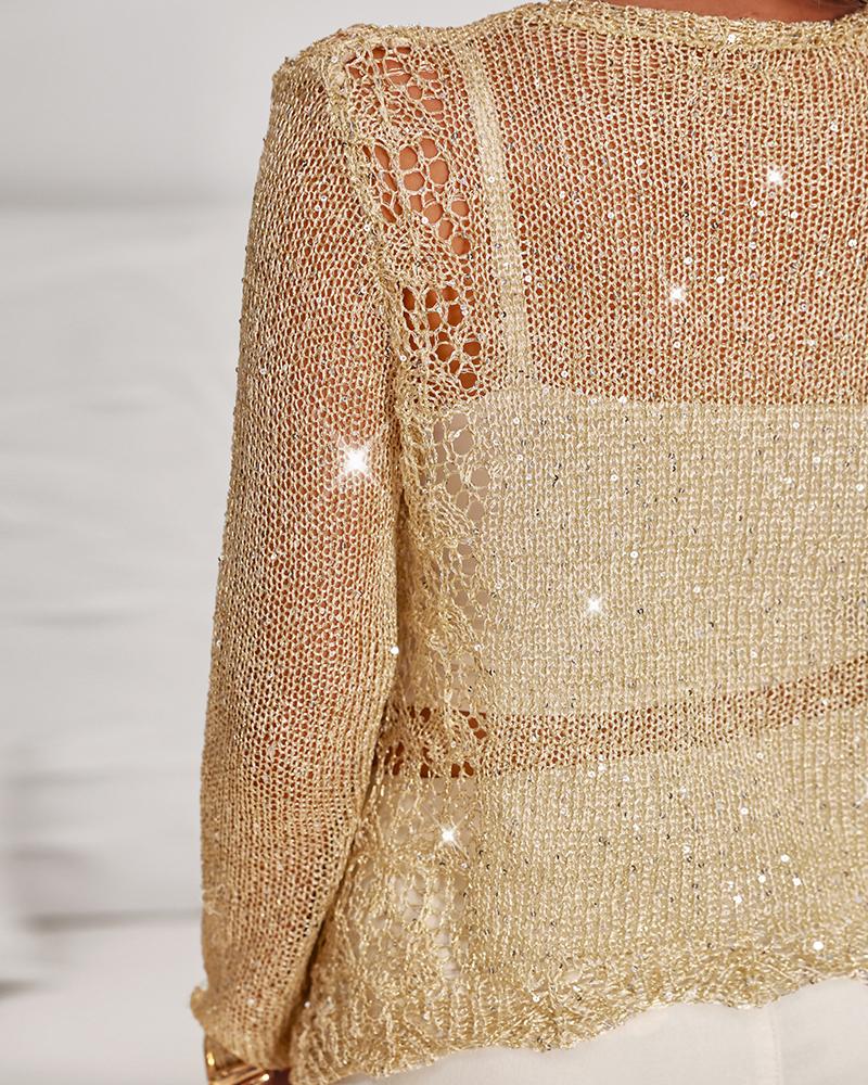 Round Neck Long Sleeve Glitter Crochet Casual Sequin Hollow out Cowl Top