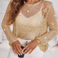 Round Neck Long Sleeve Glitter Crochet Casual Sequin Hollow out Cowl Top