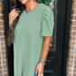 Mint Green Corded Knit Crew Neck Puff Sleeve Shift Mini Dress