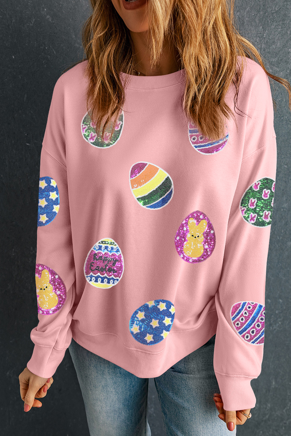 Pink Sequined Easter Egg Patched Pullover Sweatshirt