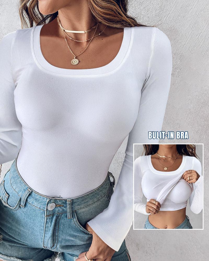 U Neck Long Sleeve Built In Bra Shirt Casual Seamless Slim Fit Top