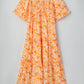 Orange Floral Print Smocked V Neck Wide Sleeve Maxi Dress