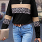 Khaki Leopard Colorblock Patchwork Crew Neck Long Sleeve Tee