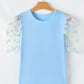 Beau Blue Floral Mesh Puff Sleeve Crew Neck Top