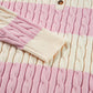 Pink Stripe Cable Knit Collared Henley Sweater