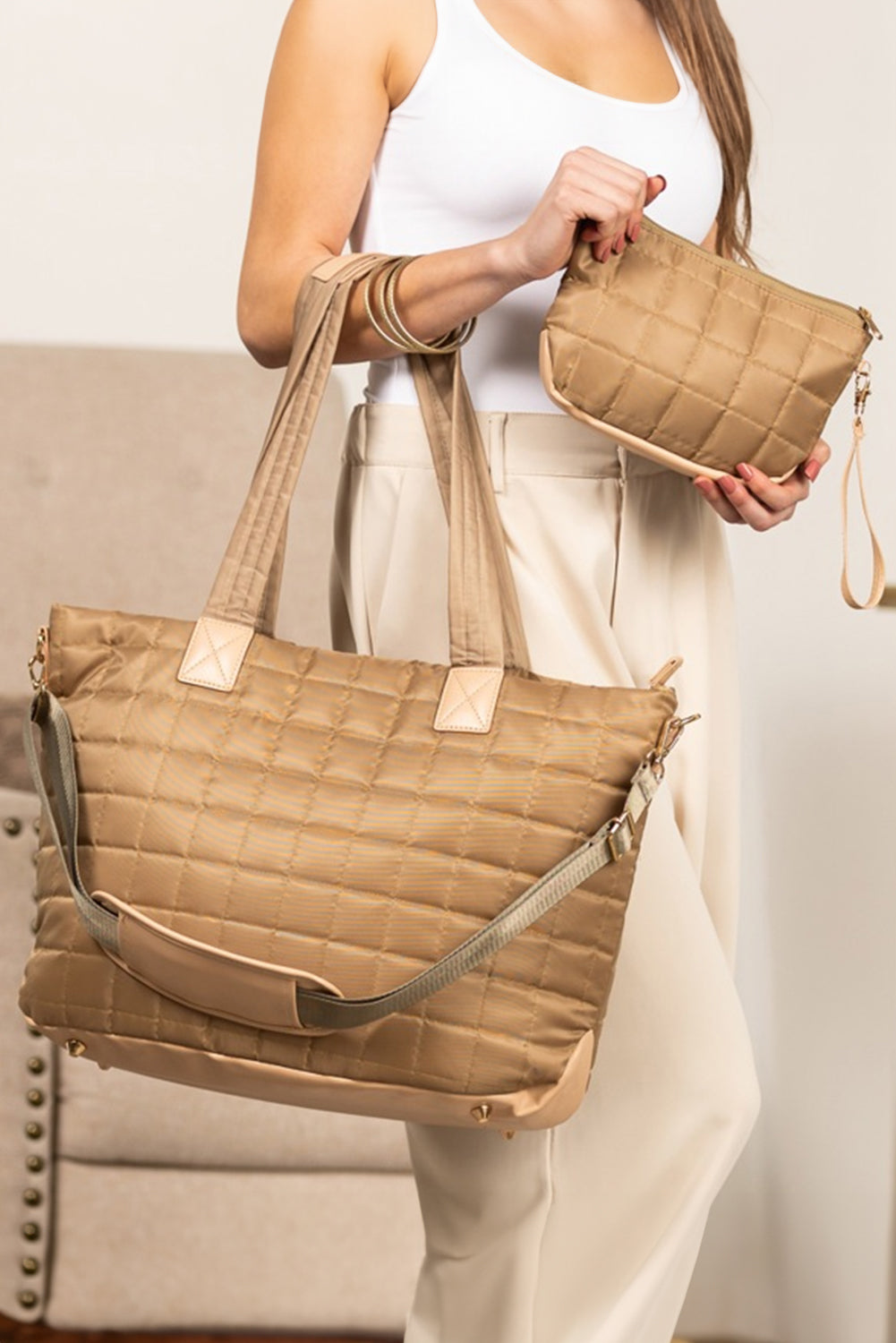 Camel Quiled Patchwork Large Tote Bag and Clutch 2pcs Set