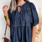 Sail Blue Puff Sleeve Lace-up Neckline Splicing Denim Blouse