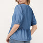 Dusk Blue Tied Front Bubble Sleeve Peplum Denim Shirt