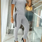 2 Pieces Outfit Side Colorblock Striped Short Sleeve Top and Casual Skinny Pants Set