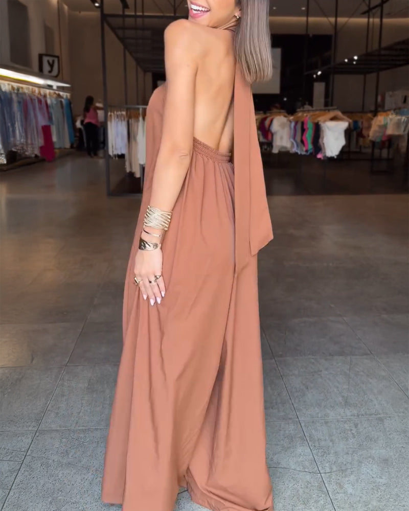 Halter Sleeveless Tied Detail Overall Casual Backless Wide Leg Jumpsuit