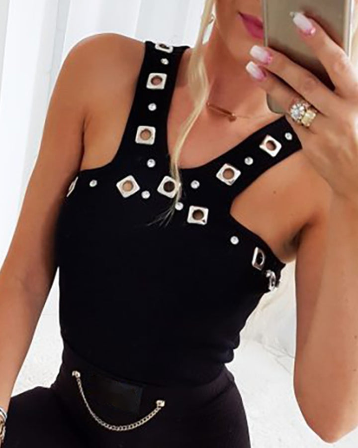 Geometric Pattern Studded Hollow Out Sleeveless Knit Top