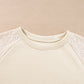 Parchment Eyelet Knit Patchwork Raglan Sleeve Pullover Top