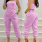 Contrast Paneled Square Neck Sleeveless Jumpsuit Casual Shirred Pocket Design Cargo Romper