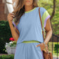 Blue Contrast Trim Cap Sleeve Tee Shorts Set