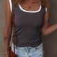 Carbon Grey Ribbed Knit Colorblock Edge U Neck Slim Fit Tank Top