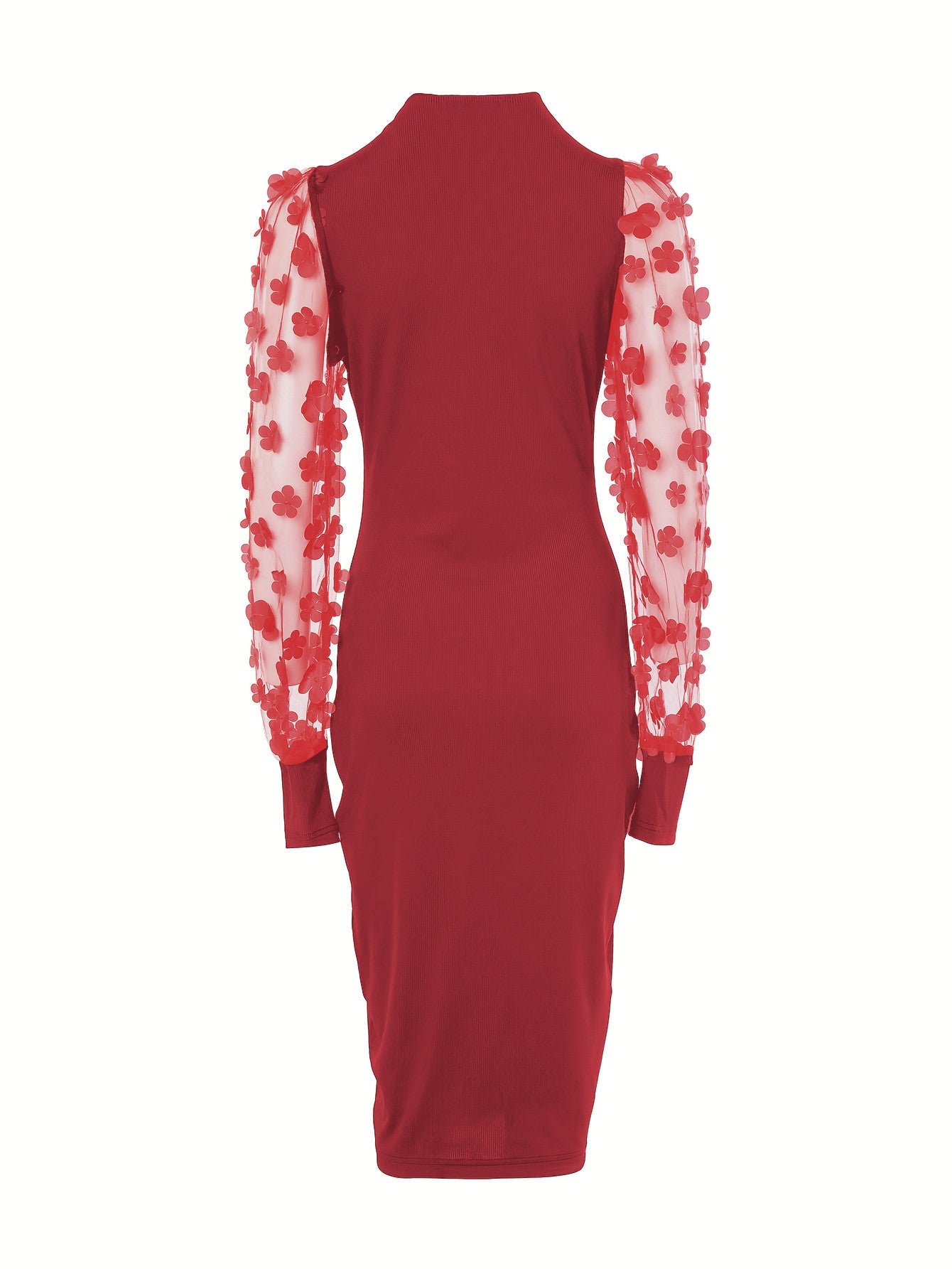 Contrast Mesh Puff Sleeve Ribbed Midi Dress