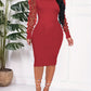 Contrast Mesh Puff Sleeve Ribbed Midi Dress