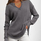 Waffle Knit Notch Neck Long Sleeve Top Slit Casual Pullover Tee with Detachable Chain